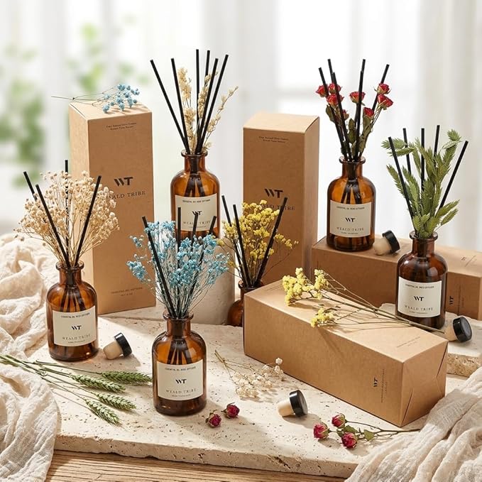 WEALD TRIBE Reed Diffuser Set for Bathroom Shelf Decor, Sticks Diffuser with Essential Oils Included | Early Summer Gardenia Scent 4.0 fl oz Fragrance Oil | Defusers for Home Apartment Essentials