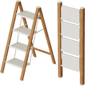 Mayi Plus 4 Step Lightweight Aluminum Folding Ladder, Portable Step Stool with Anti-Slip Pedals, 330 lbs Capacity for Home, Office, Kitchen（White&Woodgrain）