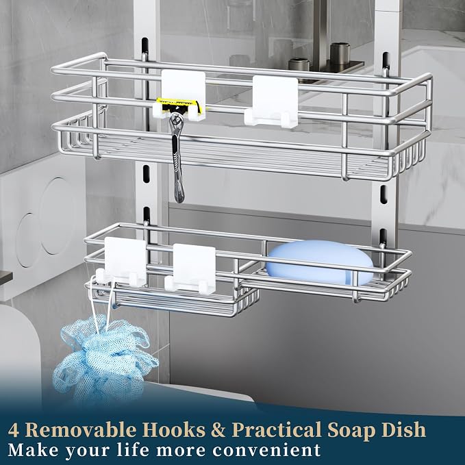 Consumest Over The Door Shower Caddy - 5 Tier Adjustable Shower Organizer Hanging with 2 Toothbrush Holders & 4 Hooks, Rustproof Organizer Shelf, Storage Rack for Bathroom, Silver