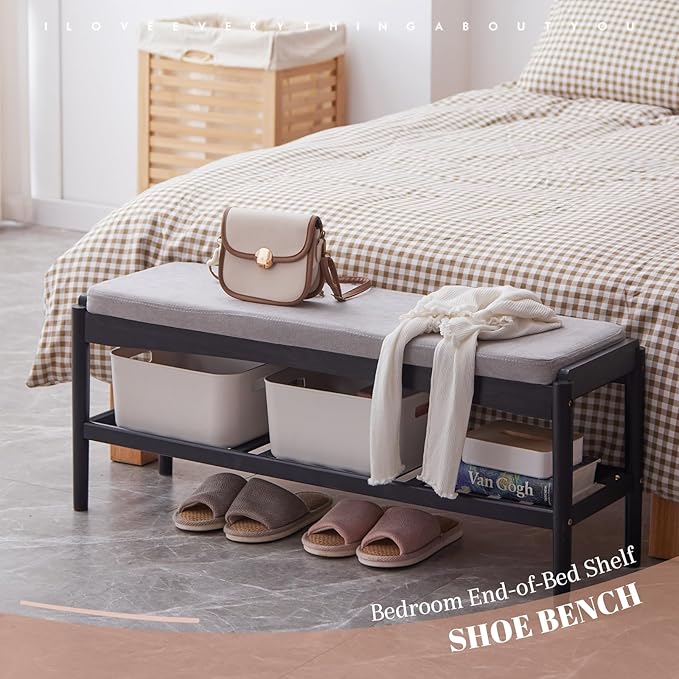 Shoe Bench Entryway Bamboo 2-Tier Shoe Rack with Cushion Padded Seat Shoe Bench Organizer Stable for Entry, Hallway, Living Room, Bedroom, Closet (39.4 * 11.4 * 16.5IN, Black-Gray)