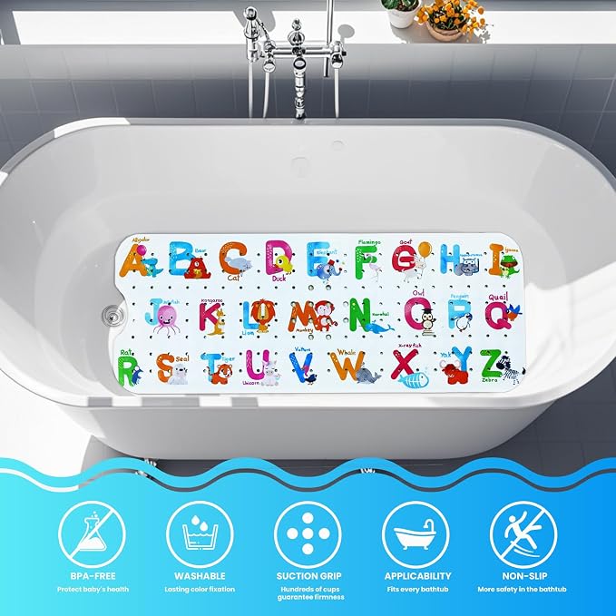 Baby Bath Tub Mat, Extra Large Non Slip Kids Cartoon Bathtub Shower Mats with Suction Cups & Drain Holes, Machine Washable for Bathroom, 40 x 16 Inch, Alphabet Animals Pattern