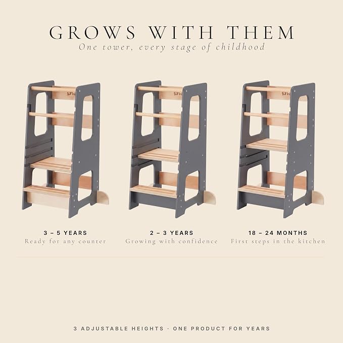 Toddler Tower for Kids, Adjustable Wooden Standing Tower & Kitchen Step Stool, Anti-Tip Montessori Tower with Removable Safety Rails & Non-Slip Steps - Sustainable Reclaimed Wood (Gray)