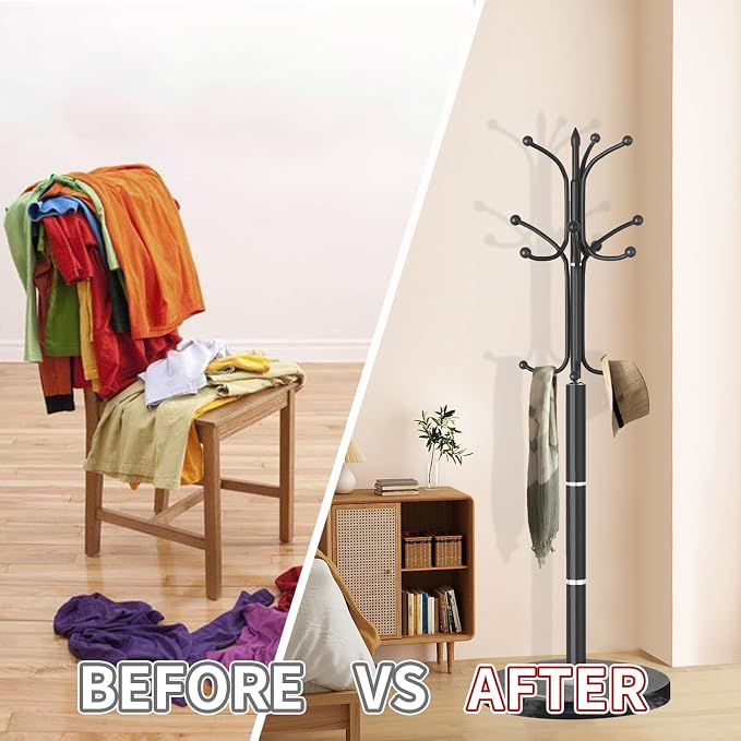 OIRUMIE Coat Rack with Natural Marble Base, Metal Modern Coat Racks Freestanding, Coat Rack Stand with 12 Hooks, Coat Tree Hats Hanger Stand for Entryway, Hallway (12 Hooks-Black)