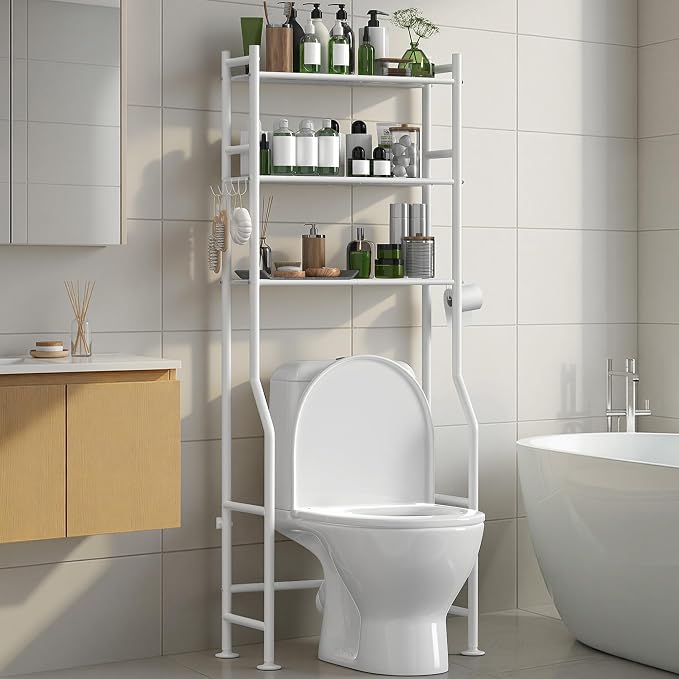3-Tier Over The Toilet Storage Organizer, Space-Saving Bathroom Rack with Paper Holder & 4 Hooks, 64" Tall Freestanding Carbon Steel Shelf for Small Apartment Laundry Room (White)