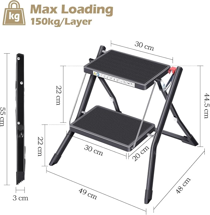 KINGRACK Folding Step Ladder, 2 Step Foldable Step Stool, Portable Stepladder with Handle, Non-Slip Rubber Mat, Release Button, Small Household Stepping Stool for Home Kitchen, for up to 330lbs, Black