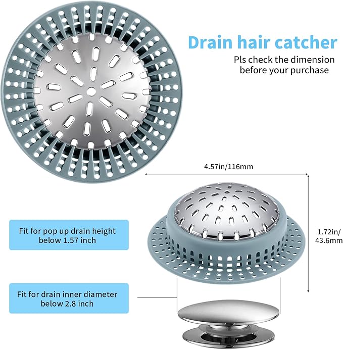 Aluvor Bathtub Drain Hair Catcher Shower Drain Cover Sink Drain Protector for Pop-Up & Regular Drains, Greyish Blue
