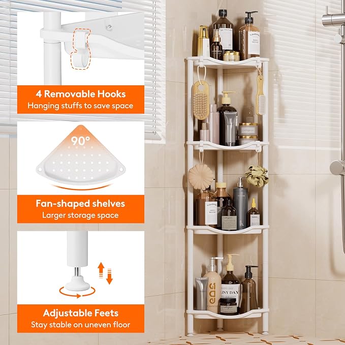 Lifewit Floor Standing Shower Caddy Corner, 4 Tier Plastic Shower Stand Rack with Adjustable Feet and Hooks, Rustproof Bathroom Shelf Organizer, White, 34 x 24 x 107 cm/13 x 9.5 x 42 inch