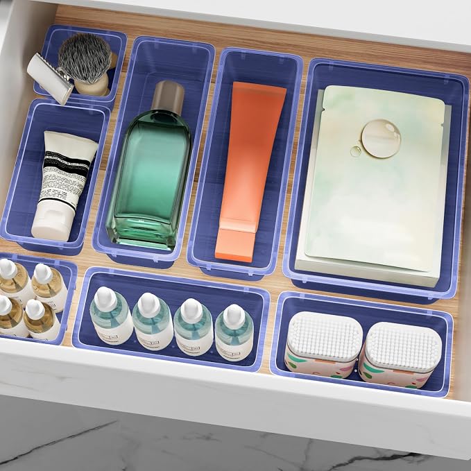 ElegantArray 12 PCS Drawer Organizer Set, 4 Sizes Tool Storage Trays, Clear Plastic Makeup Vanity Organizer and Storage Bins for Stationeries, Multiple Gadgets for Office, Bedroom, Navy Blue