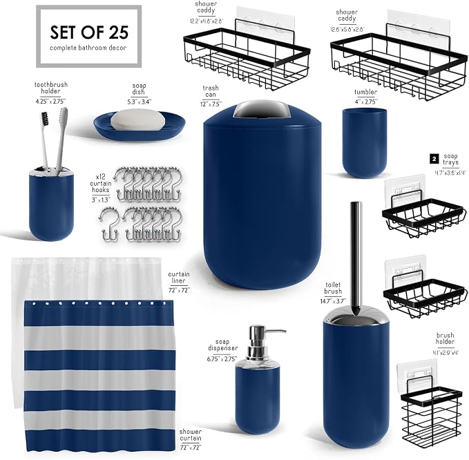 Clara Clark Bathroom Accessories Set - Bathroom Set with Adhesive Corner Shower Caddy Hanging, 25PC Bathroom Accessory Set, Navy Shower Curtain Set, Toilet Brush, Trash Can & Soap Dispenser