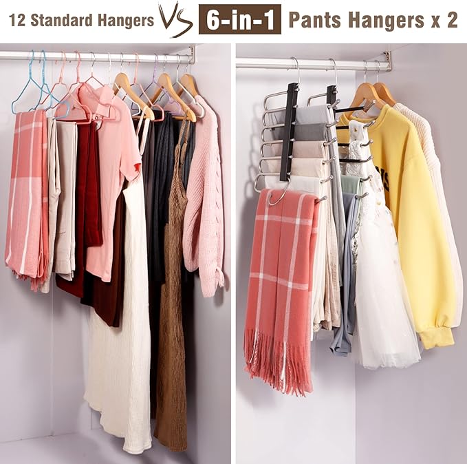 HUITEM 4 Pack 6-Tier Space Saving Pant Hangers, Anti-Slip, Lightweight, Stainless Steel, Black, 6 Pairs Jeans Hangers
