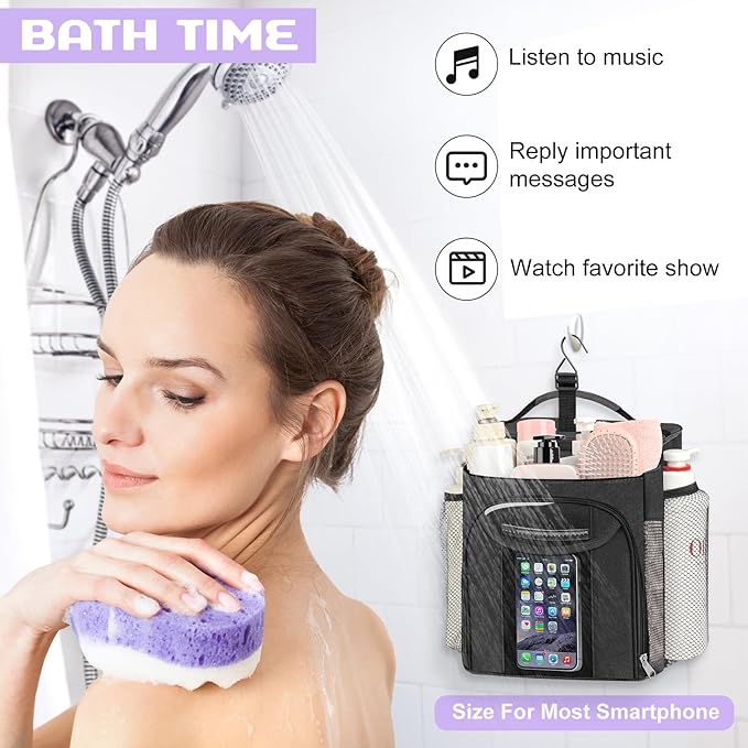 Attmu Shower Caddy Portable, Hanging Shower Bag for Dorm Room College, Large Capacity Quick Dry Mesh Tote Bag for Travel Camping Essentials (Black)