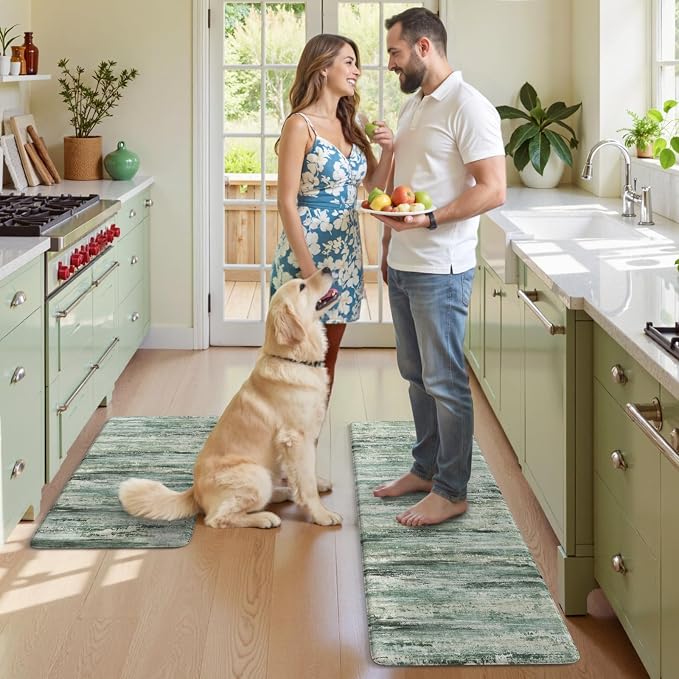 KIMODE Kitchen Mats Cushioned Anti Fatigue, Abstract Kitchen Rugs Sets of 2, Non Slip Kitchen Mats for Floor, Padded Kitchen Floor Mats for Sink Laundry Office Desk Green Multi 17"x47"+17"x29"
