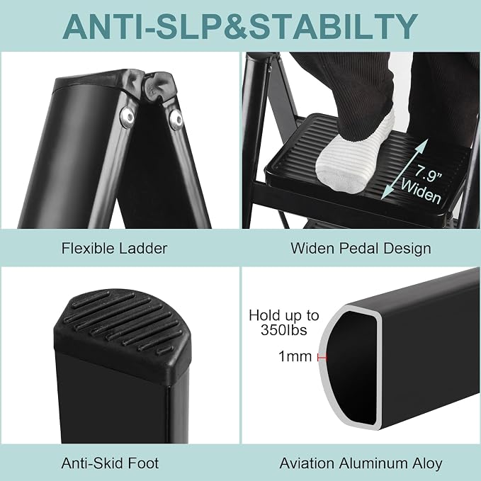 Upgraded 2 Step Ladder, 330 lbs Folding Aluminum Step Stool with Wide Anti-Slip Pedals, Lightweight & Portable Ladder for Kitchen, Closet, Office, Home Use - Black