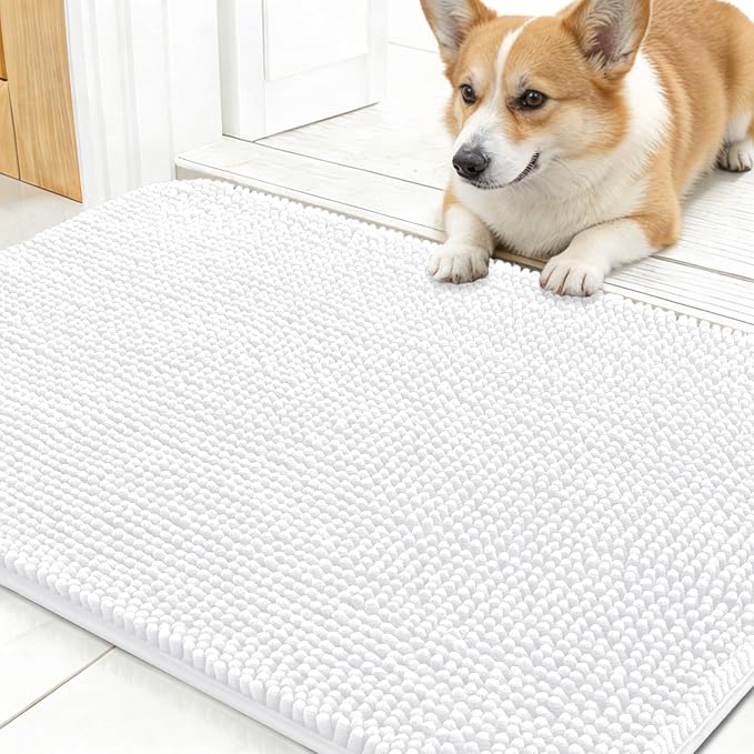 OLANLY Dog Door Mat for Muddy Paws 24x16, Absorbs Moisture and Dirt, Absorbent Non-Slip Washable Doormat, Quick Dry Chenille Mud Mat for Dogs, Entry Indoor Entryway Carpet for Inside Floor, White
