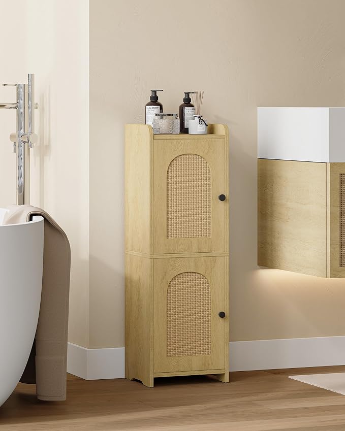 Hzuaneri Bathroom Storage Cabinet, Small Corner Floor Cabinet with 2 Doors and Adjustable Shelf, Narrow Toilet Paper Cabinets, Bathroom Organizer for Small Spaces, 7.9" D x 9.8" W x 29.5"Rattan Yellow