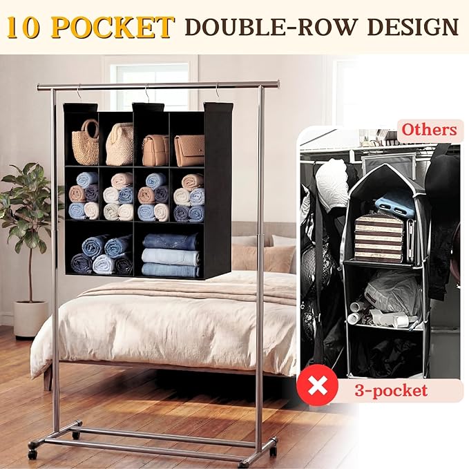 Ofiray-home 3 Tier Hanging Closet Organizer, 10 Compartments Sweater Organizer for Closet with 3 Sturdy Hooks, Closet Organizers and Storage, Wardrobe, Rv, Garment Rack, Black