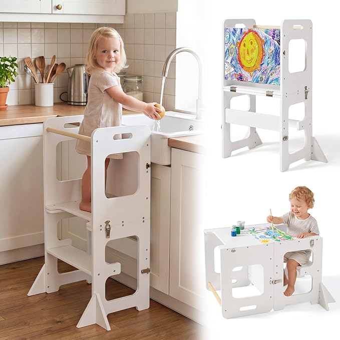 labebe Toddler Standing Tower for 12M+, Montessori Foldable Learning Standing Tower with Blackboard, Anti-tip Structure Design,Wooden Kitchen Step Helper Stool for 1-3 Year Old Boy Girl Gift (White)