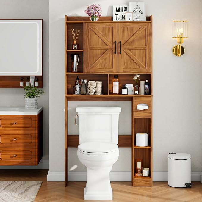Vabches Over The Toilet Storage Cabinet, Farmhouse Storage Cabinet Over Toilet with 2 Barn Door & Toilet Paper Holder Stand，Home Space-Saving Toilet Rack, for Bathroom, Restroom, Laundry.Caramel