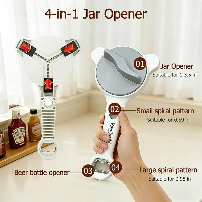 4-in-1 Jar Opener, Adjustable Jar Opener for Seniors, Kitchen Tool Designed Specifically for Seniors and Those with Limited Physical Strength, Suitable for Beer, Salad Dressing,Jar(Sky Grey)