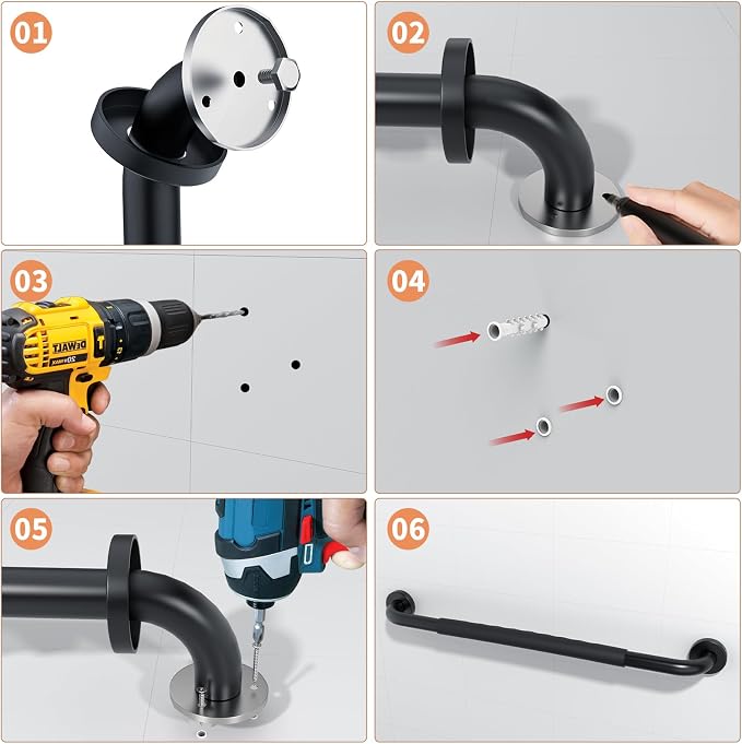 2 Pack 24 Inch Black Shower Grab Bar w/Anti Slip Rubber Grip,ZUEXT Stainless Steel Bath Grab Bar,Bathroom Balance Bar,Wall Mount Safety Handrail Support,Handicap Injury Elderly Senior Assist Handle
