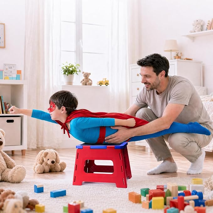 Delxo 9 Inch Folding Step Stool for Kids - Includes 3 Alphabet Letter Stickers & 2 Non-Slip Grip Pads, Sturdy Foldable Foot Stool for Toddlers, Kitchen, Bathroom & Bedroom (Red+Blue)