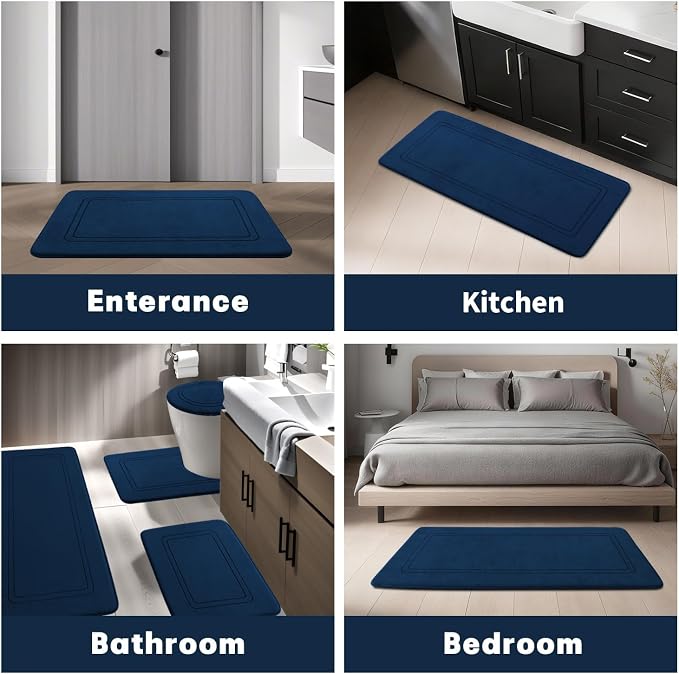 YIHOUSE Memory Foam Bath Mat Set, Non Slip Bath Mats, Super Soft and Water Absorbent, Machine Washable U Shape Toilet Mats, Dark Blue