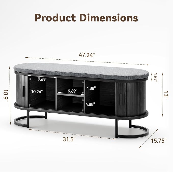 Decofy Storage Bench with Cushion and Sliding Doors, 47.2 Inch Large Entryway Shoe Bench with Sturdy Metal Feet, Multi-Functional for Entrance Hall, Bedroom, Living Room (Black Walnut)