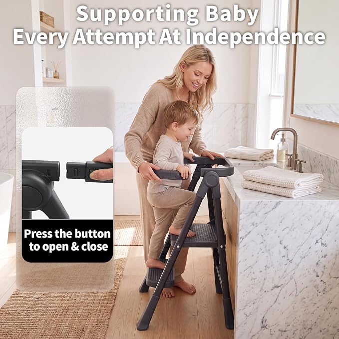 Toddler Step Stool Foldable, Kids Step Stools for Kitchen Counter, Foster Independence Learning Stool with Safety Guards&Net, Toddler Sturdy Standing Tower Kitchen Helper,Black
