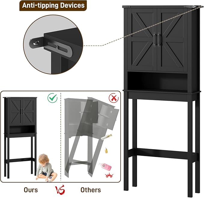 Halitaa Over The Toilet Storage Cabinet, Farmhouse Over Toilet Bathroom Organizer with 2 Barn Doors, Narrow Above Toilet Storage Cabinet, Behind Toilet Bathroom Organizer, Black