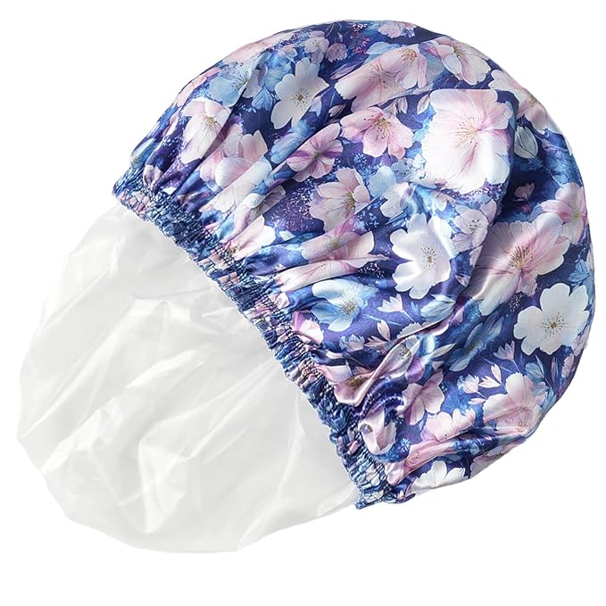 4 PCS Shower Cap for Women, Elastic and Reusable Bath Caps, Double Layers Shower Caps Reusable Waterproof, Bathing Shower Caps, Environmental Bath Hair Protection Cap - Printing Flower D