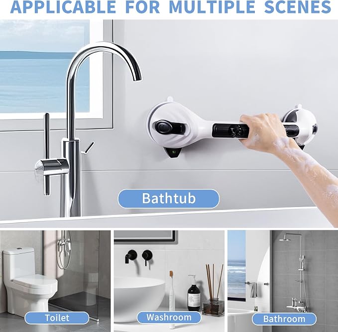 Shower Grab Bars for Seniors 2 Pack,16.8" Suction Shower Handle with Safety Indicator, No-Drill Bathroom Safety Rails for Elderly, Bathtub & Tile/Glass (Black)
