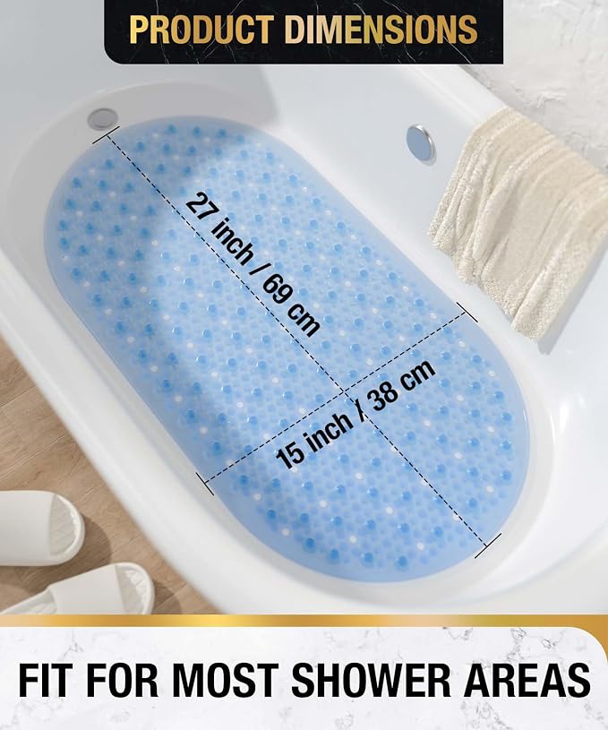 HITSLAM Oval Bathtub Mat Non Slip, 27x15 Inch Bubble Bath Tub Mat for Bathroom, Machine Washable Shower Mat with Suction Cups and Drain Holes, Blue