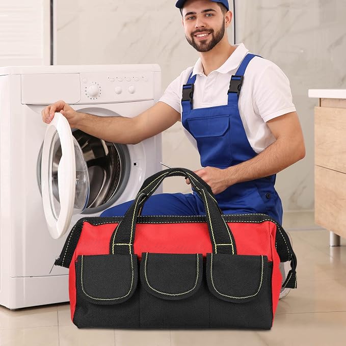 Sanwuta 3 Pack Tool Bag for Men with Waterproof Hard Bottom, Heavy Duty Tool Bag Wide Mouth Tote for Various Instrument, Electrician Carpenter Mechanic(Blue, Red, Yellow,16 Inch,Classic)