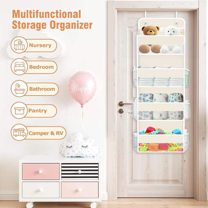 WISELIFE Over The Door Organizer Storage 4 Shelves Large Capacity Hanging Bedroom Storage Solution with 6 Side Pockets for Dorm Bathroom Pantry Nursery and Baby Essentials Holds up to 40 Lbs (Beige)