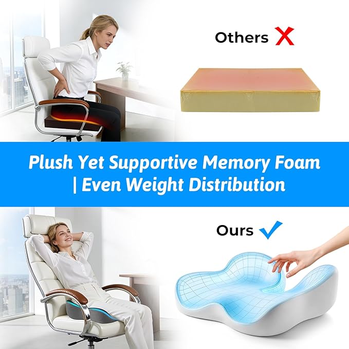 Seat Cushion for Tailbone & Sciatica Pain Relief – Certified & Ergonomist-Designed – Tapered Front Edge Reduces Thigh Pressure – Wide Memory Foam for Office Chair, Car, Wheelchair