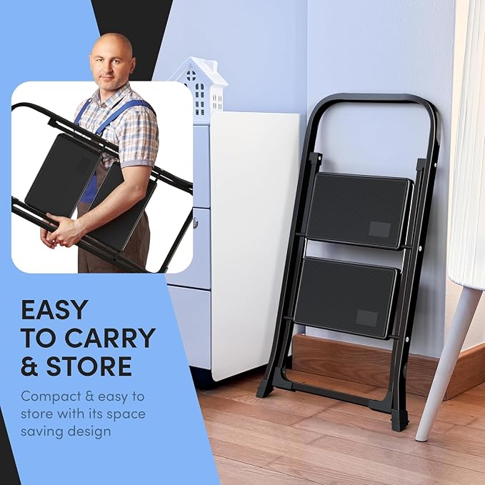 2-Step Ladder with Wide Anti-Slip Platform & Thick Rubber Feet | Heavy Duty Foldable & Portable | 330 lbs Capacity, Steel Frame, Rubber Handgrip, Folding Step Stool