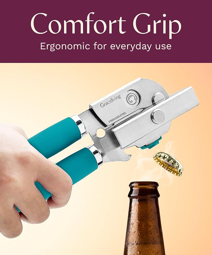 Premium Multifunctional Magnetic Manual Can Opener and Bottle Opener, Heavy Duty Stainless Steel Sharp Cutting Blade and Oversized Easy Turn Knob, Soft-Touch Handle, Kitchen Use, Teal