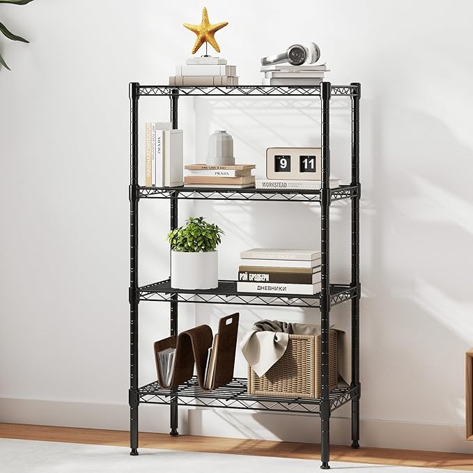DUMOS 4-Tier Metal Wire Storage Shelves, Adjustable Standing Storage Rack Shelf, Heavy Duty Steel Shelving Unit Organizers for Kitchen Bathroom Pantry Garage, 23.3" Wx13.4 Dx47 H, Black