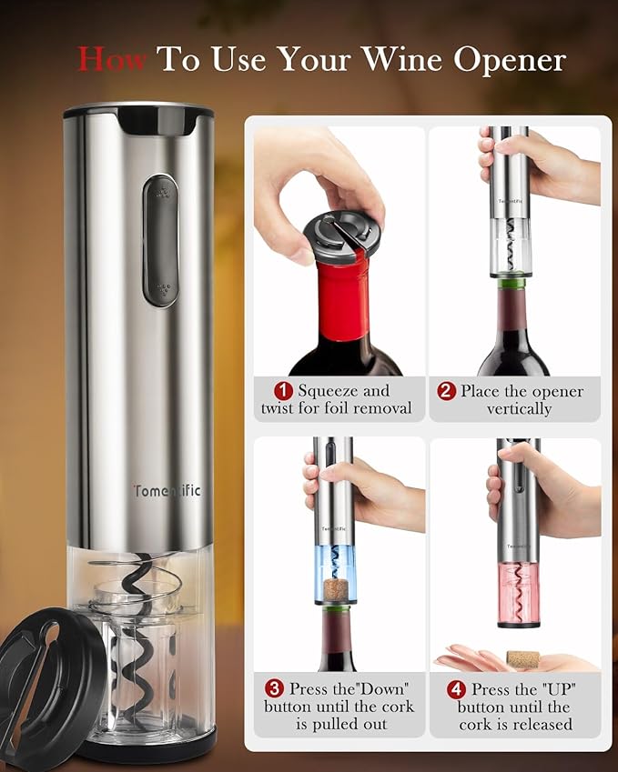 Electric Wine Opener Tomentific, Rechargeable Automatic Wine Corkscrew Bottle Opener With Foil Cutter, Type-C Charging Wine Openers With LED Light For Home Party Wedding Gifts (Stainless Steel)