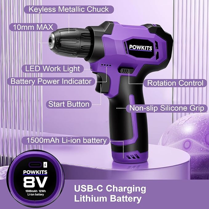 8V Cordless Drill, Purple Power Drill with Drill & Screw Bits Set, 3/8" Keyless Chuck, Rechargeable Electric Drill Tool Kit for Home Repairs, DIY,139PCS Tool Set for Women & Men