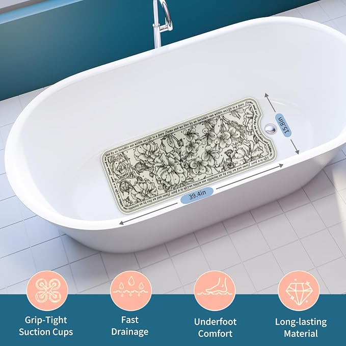Non-Slip Large Bathtub Mat - 39.4"x15.8" with 200 Suction Cups, Massage Pebble Design & 176 Drain Holes, Safe Shower Mat for Elderly, Kids, Spa, Machine Washable, Floral Pattern