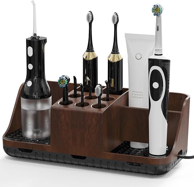 Boperzi Bathroom Counter Organizer for Vanity & Sink Storage: Detachable Electric Toothbrush and Toothpaste Holder, Water Flosser Holder, Bathroom Decor and Accessories Organization Set(Walnut Black)