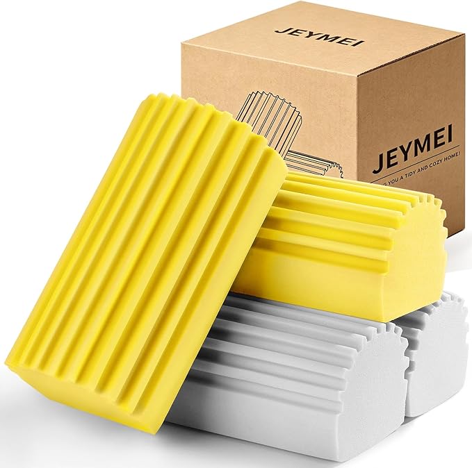 Jeymei 4-Pack Damp Clean Duster Sponge, Sponge Cleaning Brush, Duster for Cleaning Blinds, Glass, Baseboards, Vents, Railings, Mirrors, Window Track Grooves and Faucets, Gray and Yellow