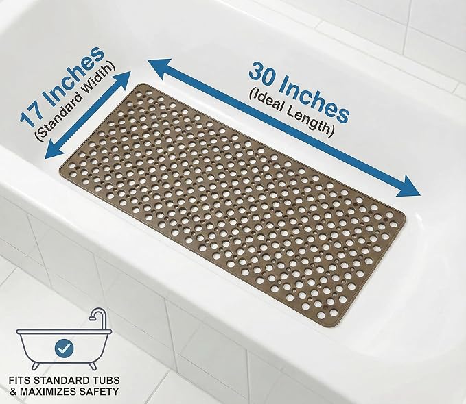 Nonslip Bathtub Mat Extra Soft TPE Bath Mat for Kids, Machine Washable Bathroom Shower Mat, Smooth/Non-Textured Tubs Only, 30 L x 17 W Inch (Brown)