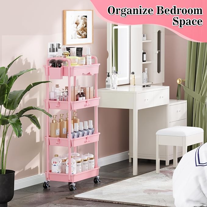 SUNALLY 4 Tier Rolling Utility Cart with Drawer, Storage Organizer Cart with 2 Lockable Wheels, Multifunctional Rolling Storage Cart for Bathroom, Kitchen, Craft, Makeup, Baby Essentials, Pink