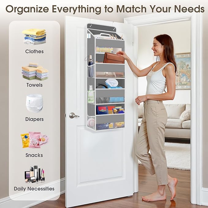 SpaceHacks 2 Pack Over The Door Organizer, Hanging Storage Organizer with Clear Window, 40lb Ultra Sturdy Large Capacity Room Organizer for Pantry Laundry Bathroom Nursery Closet (Grey)