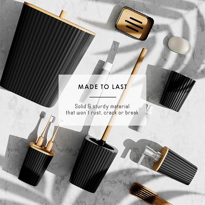 Clara Clark Bathroom Accessories Set - Bathroom Set, Bathroom Accessory Set, Shower Curtain Set, Toilet Brush, Trash Can & Soap Dispenser - Black - 20PC