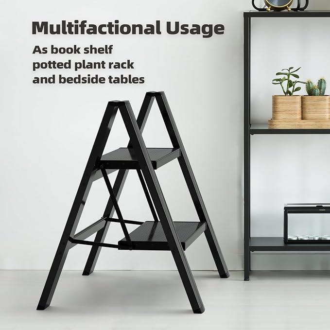 HillhutApex 2 Step Ladder, Lightweight Portable 2 Step Stool with Anti-Slip Wide Pedal, 330lbs Capacity Aluminum Ladder for Household,Office,Library(Black)