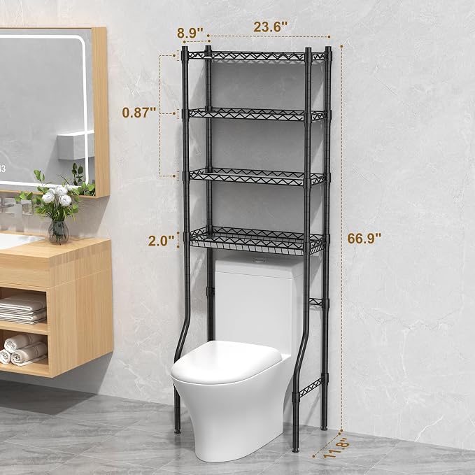 EAGMAK 4 Tier Over The Toilet Storage Rack, Bathroom Organizers and Storage Over Toilet with Adjustable Shelf and Basket, Above Toilet Storage Bathroom Cabinet for Small Space (Black)