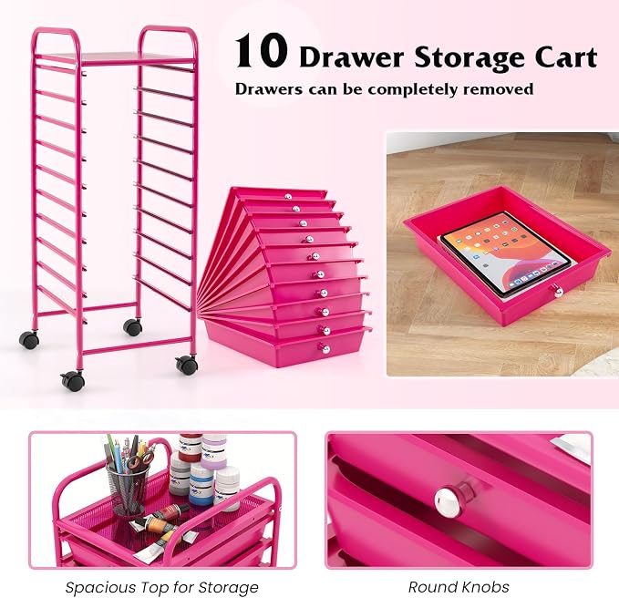 10-Drawer Rolling Storage Cart, Trolley w/Lockable 360° Wheels, 10 Removable PP Drawers, Sturdy Metal Frame, Rolling Utility Cart Perfect for Home, Office, Classroom (Hot Pink)